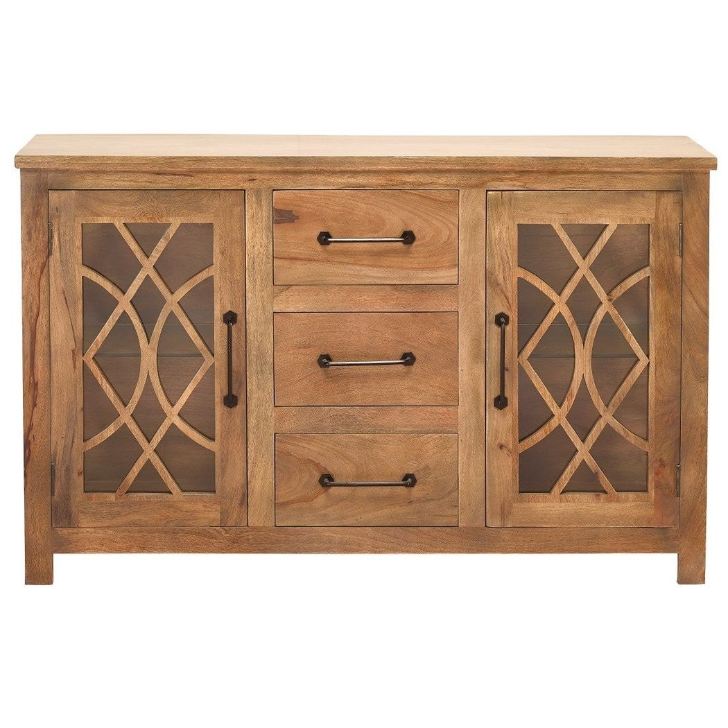 French Arched Indian Solid Wood Buffet With Glass Door And 3 Centered Drawers