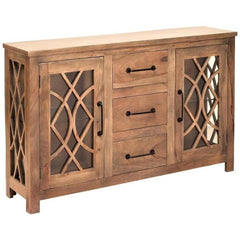 French Arched Indian Solid Wood Buffet With Glass Door And 3 Centered Drawers