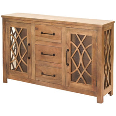 French Arched Indian Solid Wood Buffet With Glass Door And 3 Centered Drawers