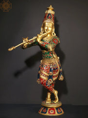 Indian Lord Krishna Playing Flute Brass Statue With Inlay Work