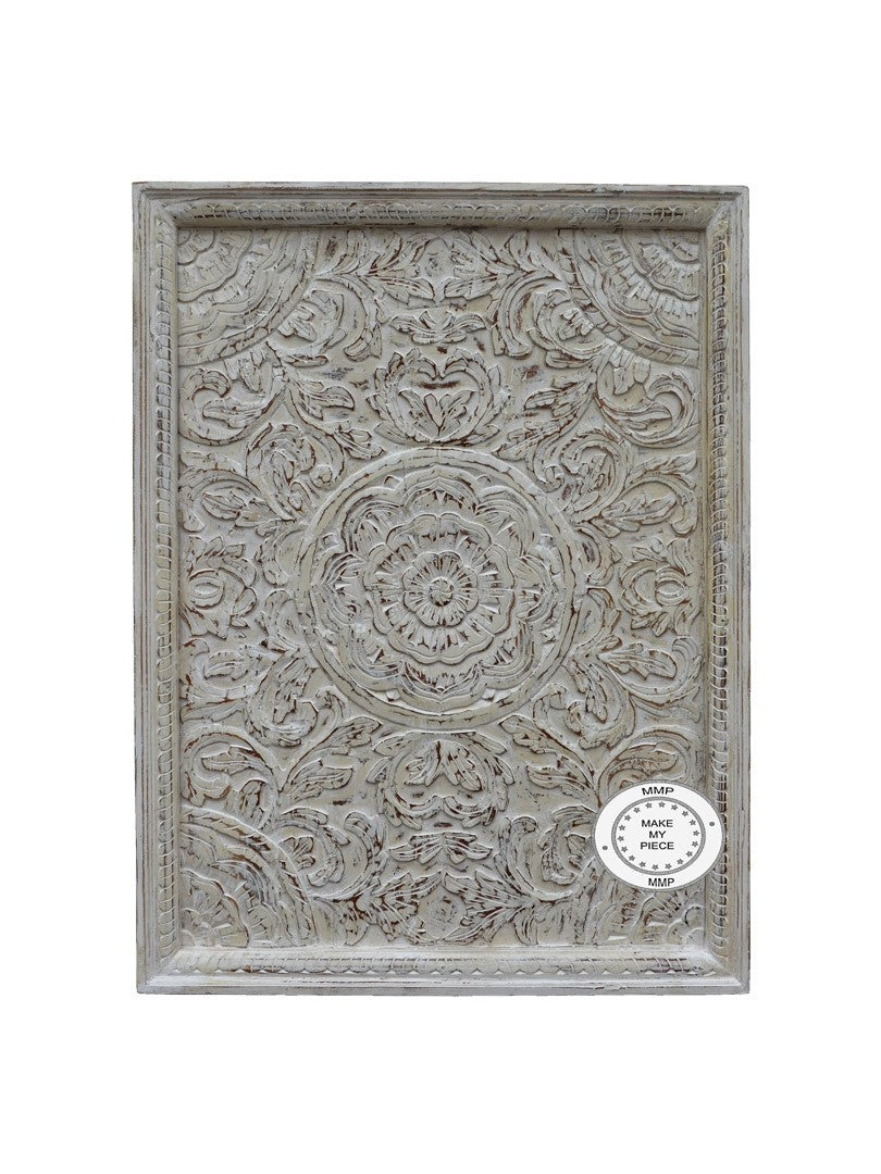 Dynasty Hand Carved Indian Wooden Carved Panel Bedhead Whitewash