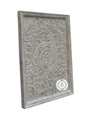 Dynasty Hand Carved Indian Wooden Carved Panel Bedhead Whitewash