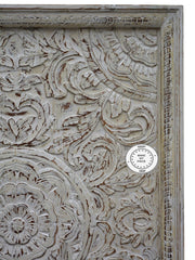 Dynasty Hand Carved Indian Wooden Carved Panel Bedhead Whitewash