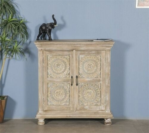 Floral Hand carved Solid wood Sideboard Whitewash