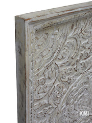 Dynasty Hand Carved Indian Wooden Carved Panel Bedhead Whitewash