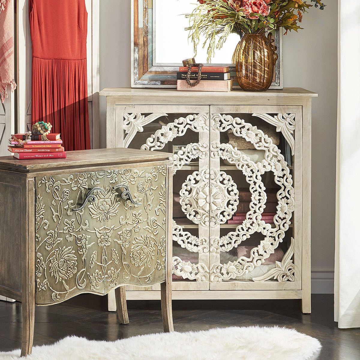 Floral Arched Carved Glass Doors Sideboard