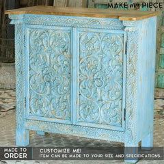 Floral Carved Solid wood Sideboard Rustic Blue