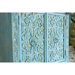 Floral Carved Solid wood Sideboard Rustic Blue