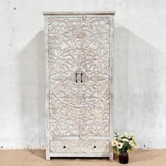 Indian Handmade Solid Hard Wood Cabinet Almirah Floral Carving in Whitewash 95x40x200Cm