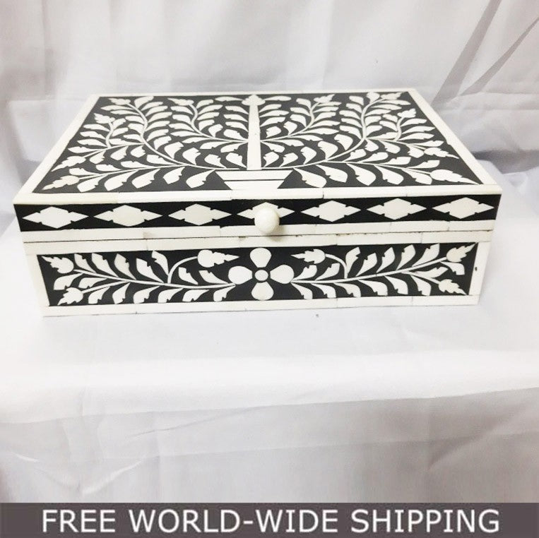 Real Bone Inlay Designer Luxury Jewelry Box Gift Storage Black Floral