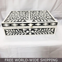 Real Bone Inlay Designer Luxury Jewelry Box Gift Storage Black Floral