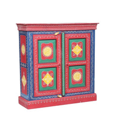 Bleached Hand Painted Indian Solid Wood Floral Design Small Cabinet