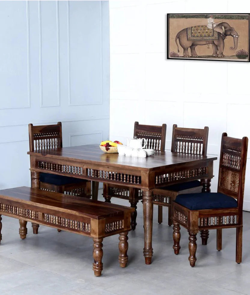 Hand Carved Solid Wood 6 Seater Dining Table Set 26