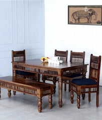 Hand Carved Solid Wood 6 Seater Dining Table Set 26