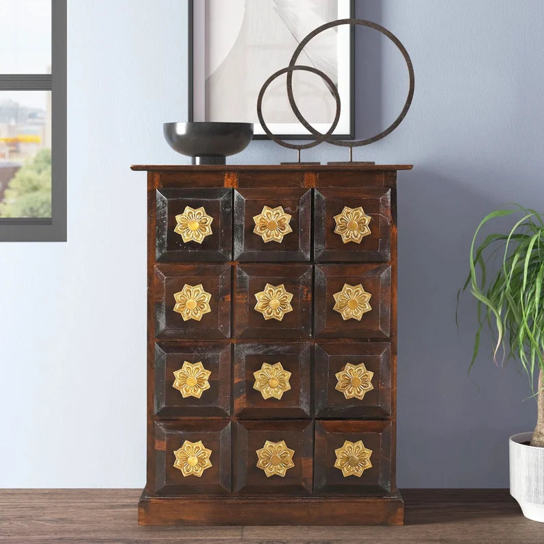 Brass Work Hand Carved Solid Wood Chest Of Drawers D62