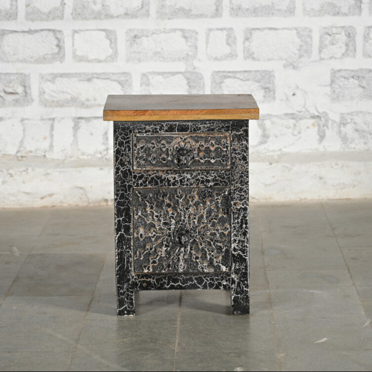 Indian Solid Wood Hand Carved Bedside Black