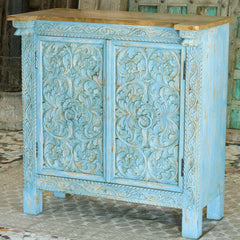 Floral Carved Solid wood Sideboard Rustic Blue