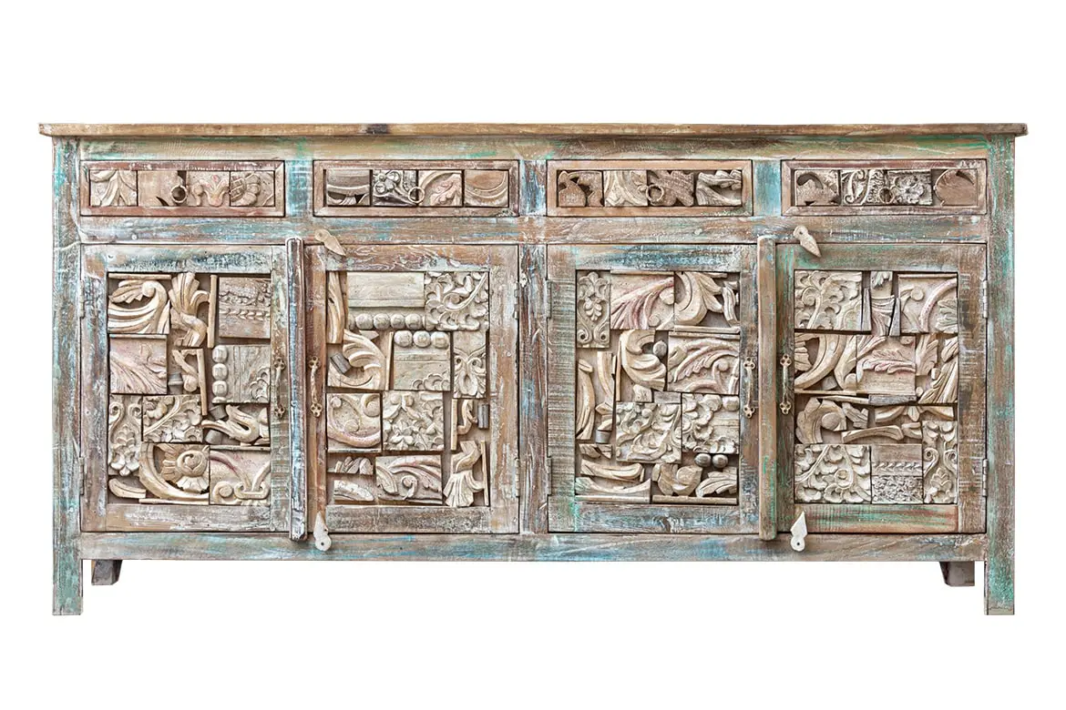 Antique Indian Reclaimed Hand Liberty Solid Wooden Sideboard Multicolour 179x40x90cm A0261