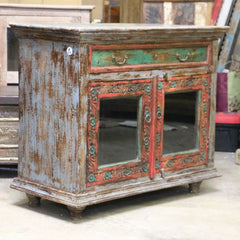 Antique Floral Carved wood Multi-Colored Sideboard