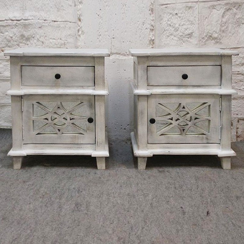 French Arched Doors Glass Back Bedside cabinet bed side tables Whitewash PAIR