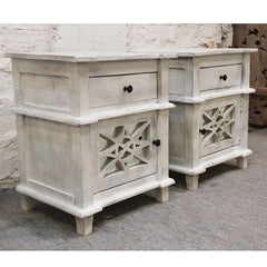 French Arched Doors Glass Back Bedside cabinet bed side tables Whitewash PAIR