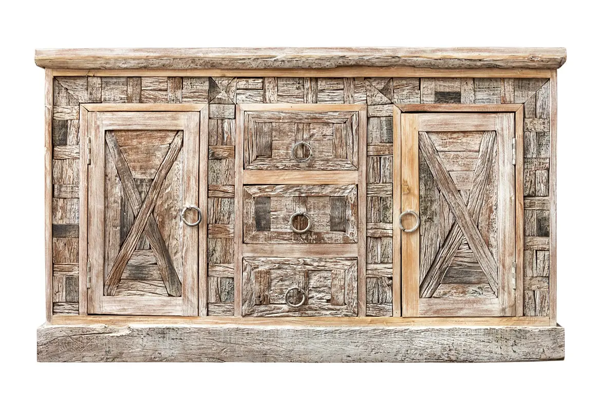 Antique Indian Reclaimed Hand Liberty Solid Wooden Sideboard Whitewash 153x40x92cm A0255