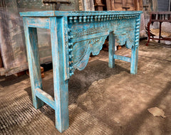 Mehrab Hand Carved Solid Wood Console Table Blue