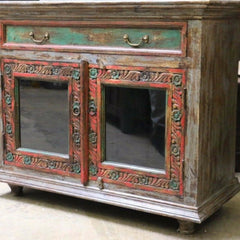 Antique Floral Carved wood Multi-Colored Sideboard