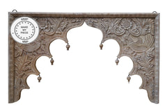 Dynasty Hand Carved Indian Wooden Arch Carved Panel Bedhead Natural