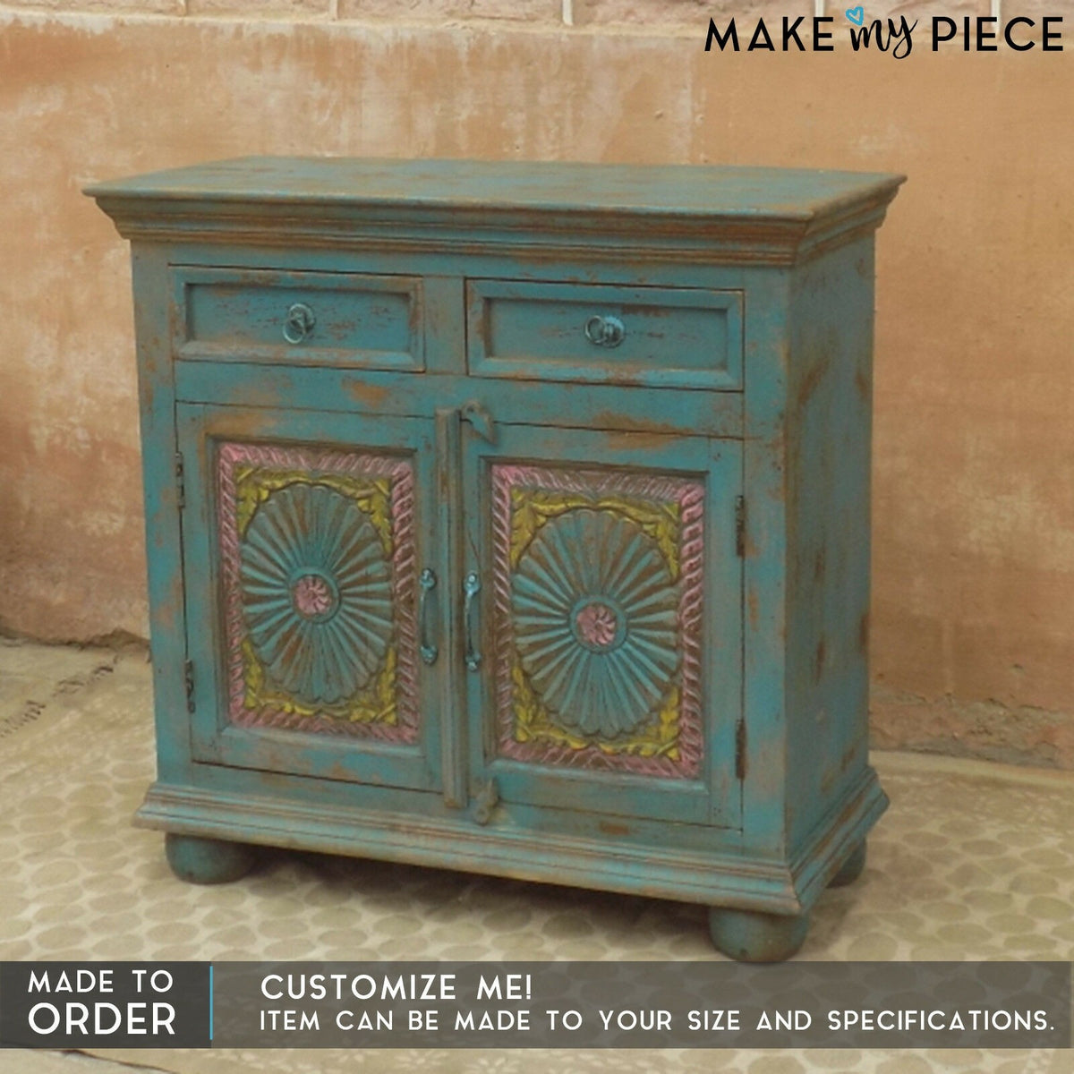 Hand Carved Solid wood Sideboard Rustic Blue 1M