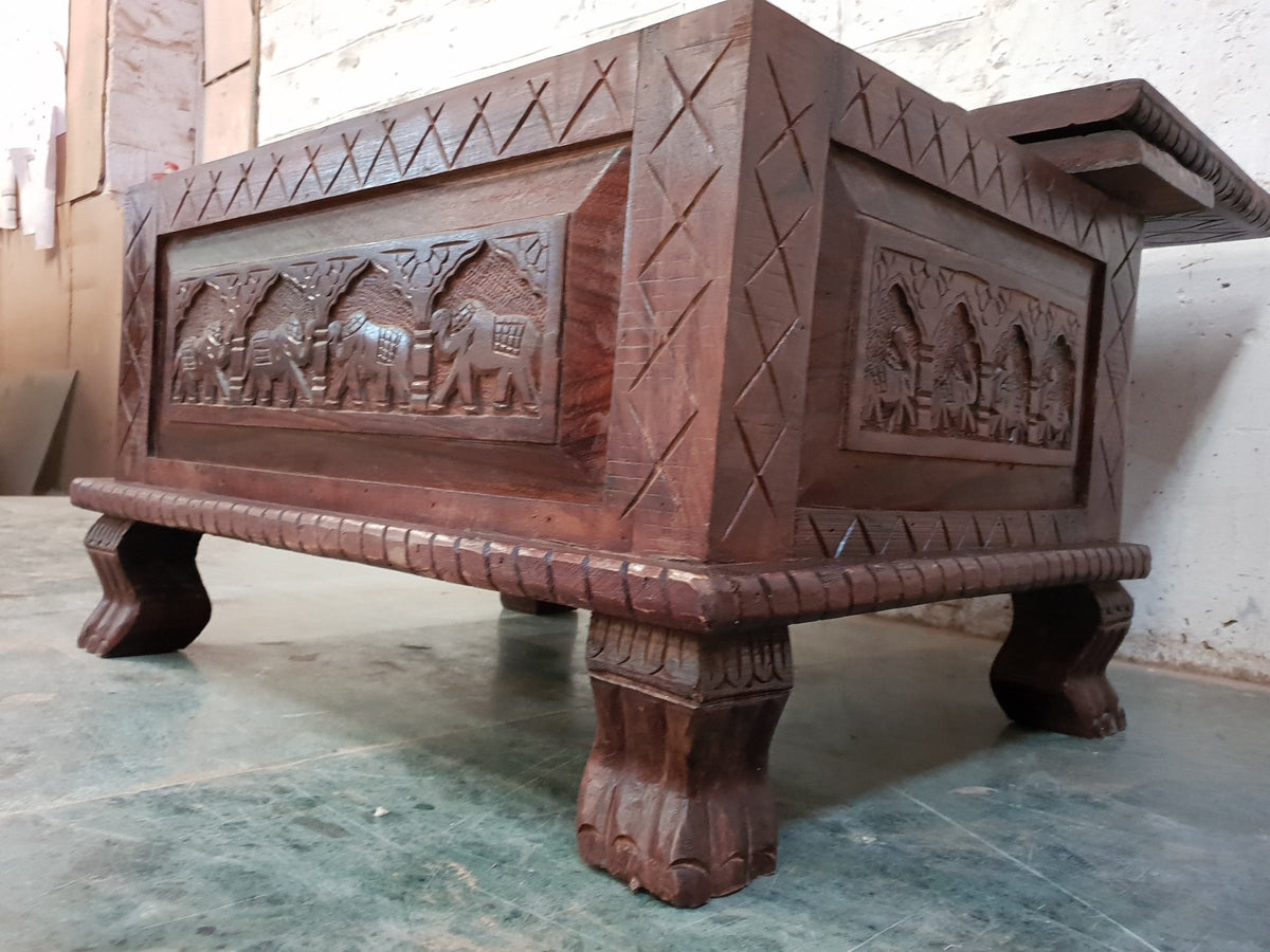 Elephant Carved Wood Trunk Coffee Table With Blanket Box Brown