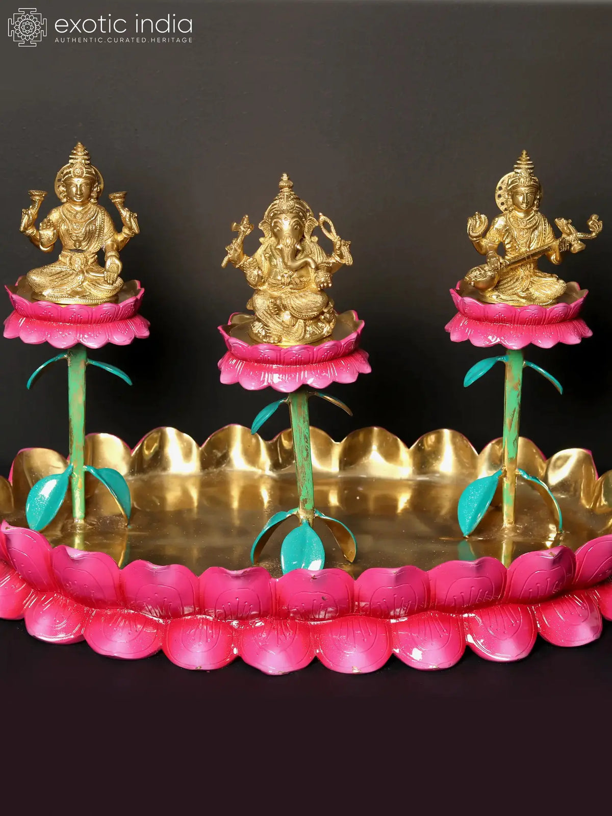 Indian Lord Lakshmi Ganesha Saraswati on Lotus Base Brass Statue
