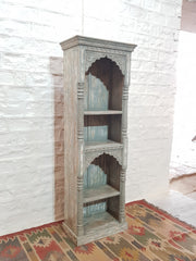 Indian Hand Carved Mehrab Solid Wood Grey Bookshelf 66x38x194cm