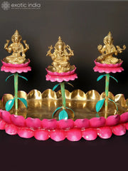 Indian Lord Lakshmi Ganesha Saraswati on Lotus Base Brass Statue