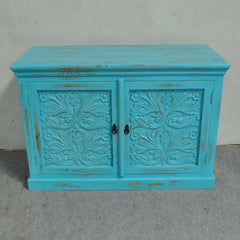 Floral Carved Solid wood Sideboard Light Blue