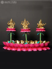 Indian Lord Lakshmi Ganesha Saraswati on Lotus Base Brass Statue