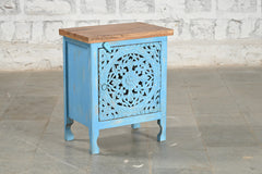 Indian Solid Wood Hand Carved Bedside Blue