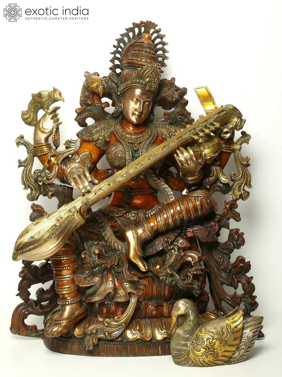 Indian Lord Goddess Sarasvati Brass Statue