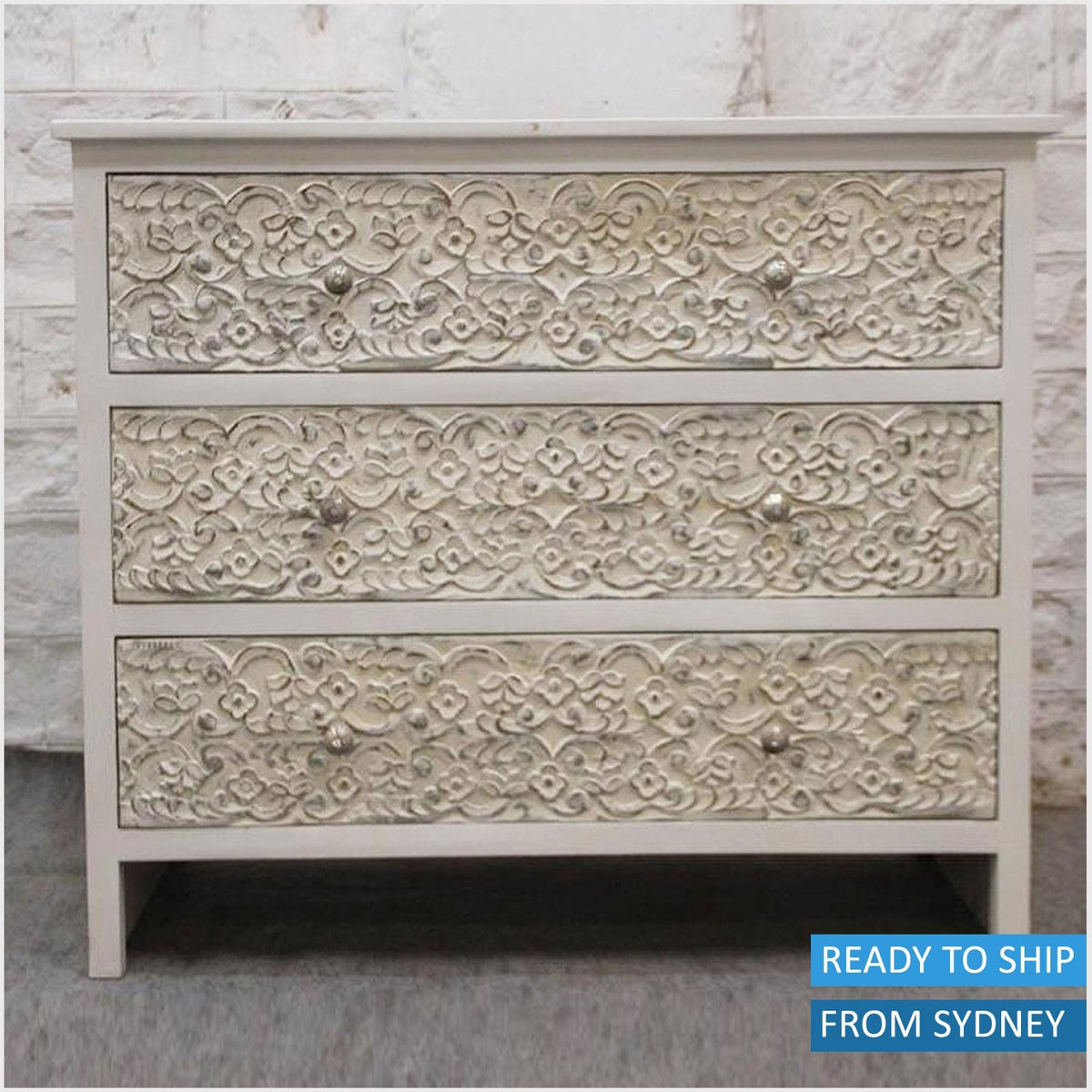 PARIS Hand Carved Solid Wood 3 drawer Dresser White 100x40x90cm