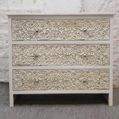 PARIS Hand Carved Solid Wood 3 drawer Dresser White 100x40x90cm