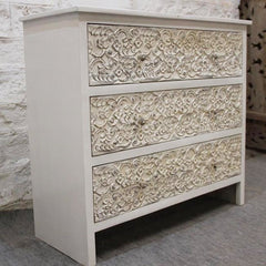 PARIS Hand Carved Solid Wood 3 drawer Dresser White 100x40x90cm