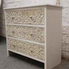 PARIS Hand Carved Solid Wood 3 drawer Dresser White 100x40x90cm