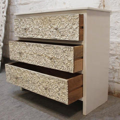 PARIS Hand Carved Solid Wood 3 drawer Dresser White 100x40x90cm