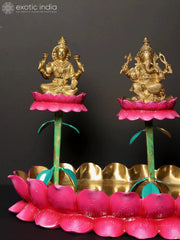 Indian Lord Lakshmi Ganesha Saraswati on Lotus Base Brass Statue