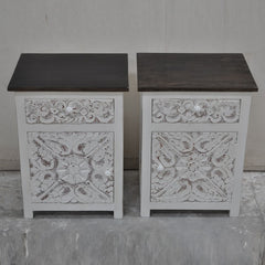 PARIS Carved Pair of White Bedsides with Drawer D