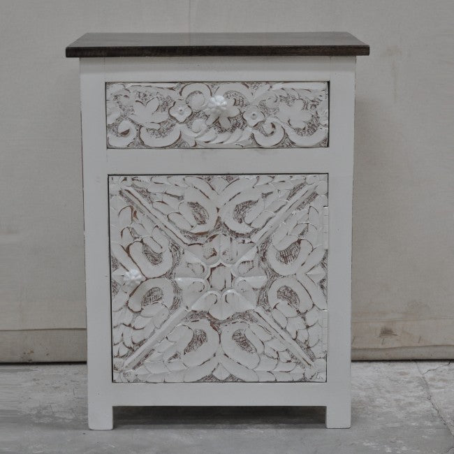 PARIS Carved Pair of White Bedsides with Drawer D