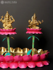 Indian Lord Lakshmi Ganesha Saraswati on Lotus Base Brass Statue