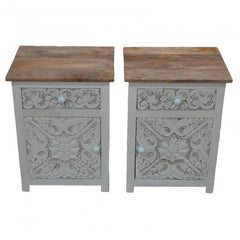 PARIS Carved Pair of White Bedsides Natural Top with Drawer D