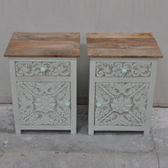 PARIS Carved Pair of White Bedsides Natural Top with Drawer D