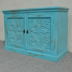 Floral Carved Solid wood Sideboard Light Blue